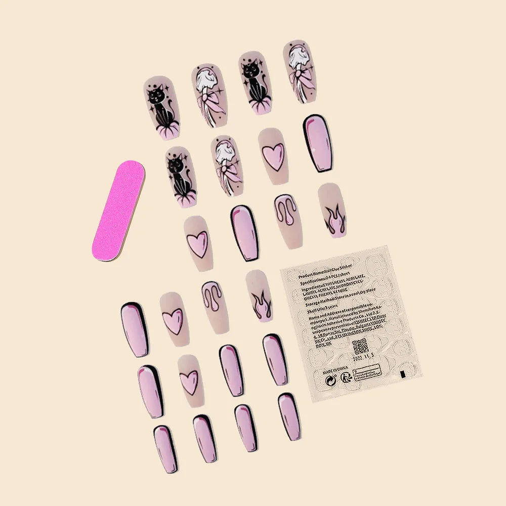 24Pc/Set Long Ballet Pink French Heart Geometric Cat Cartoon Patterns Printed Full Coverage Wearable Fake Nail Press on Nail Art