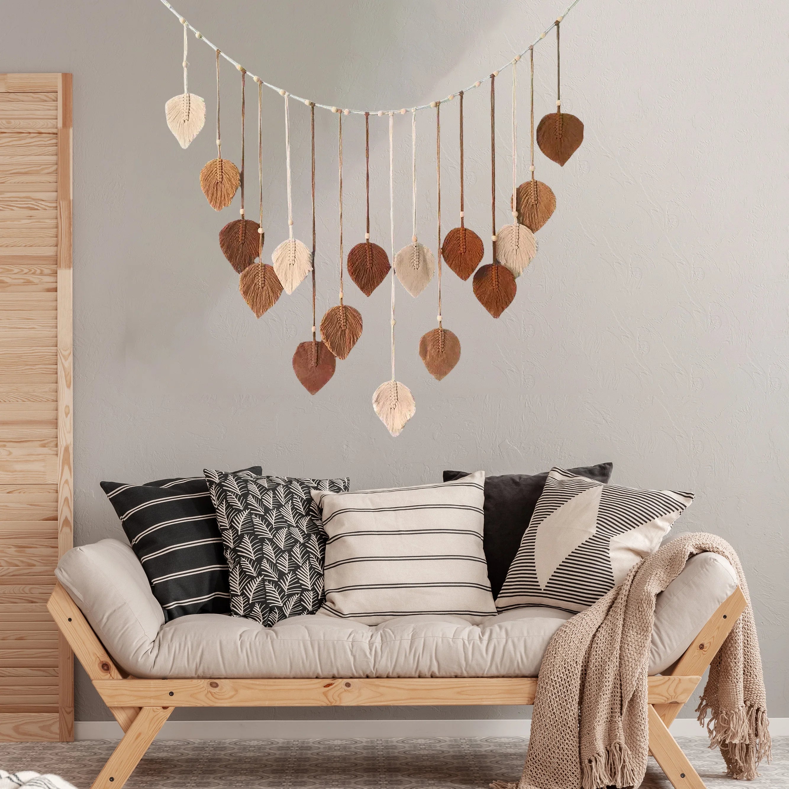 Décoration d'intérieur bohème, tapisserie en macramé, décoration murale à suspendre avec feuilles et plumes pour salon et chambre à coucher, décoration murale bohème pour la maison
