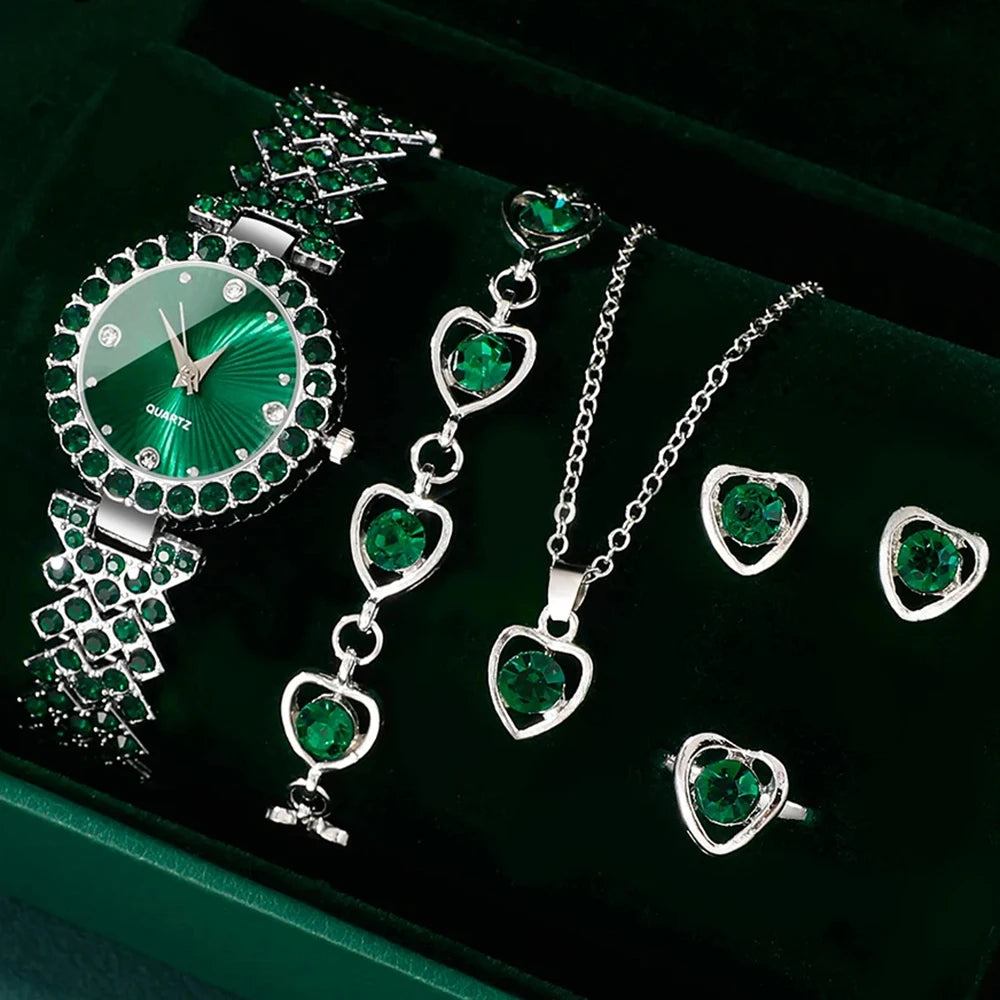 Women’s Heart Rhinestone Watch & Jewelry Set – Elegant, Timeless & Luxurious