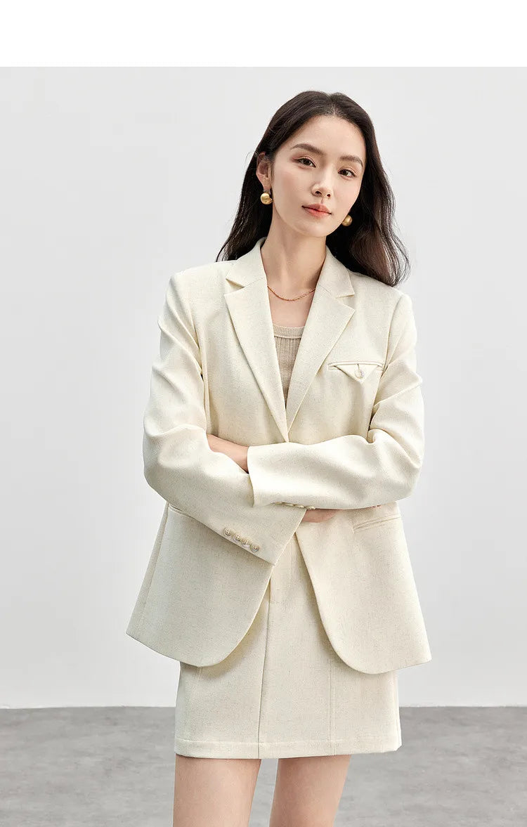 SENTUBILA Trajes de falda para mujer, mezcla de lino, hombreras, blazer de un solo botón, faldas mini sólidas y elegantes, conjuntos de dos piezas 151Z58181