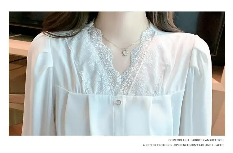 Ropa de Mujer Blusa Blanca de Gasa Primavera Nueva con Cuello en V Detalle de Encaje Diseño Único de Alta Gama Top Femenino para Superponer