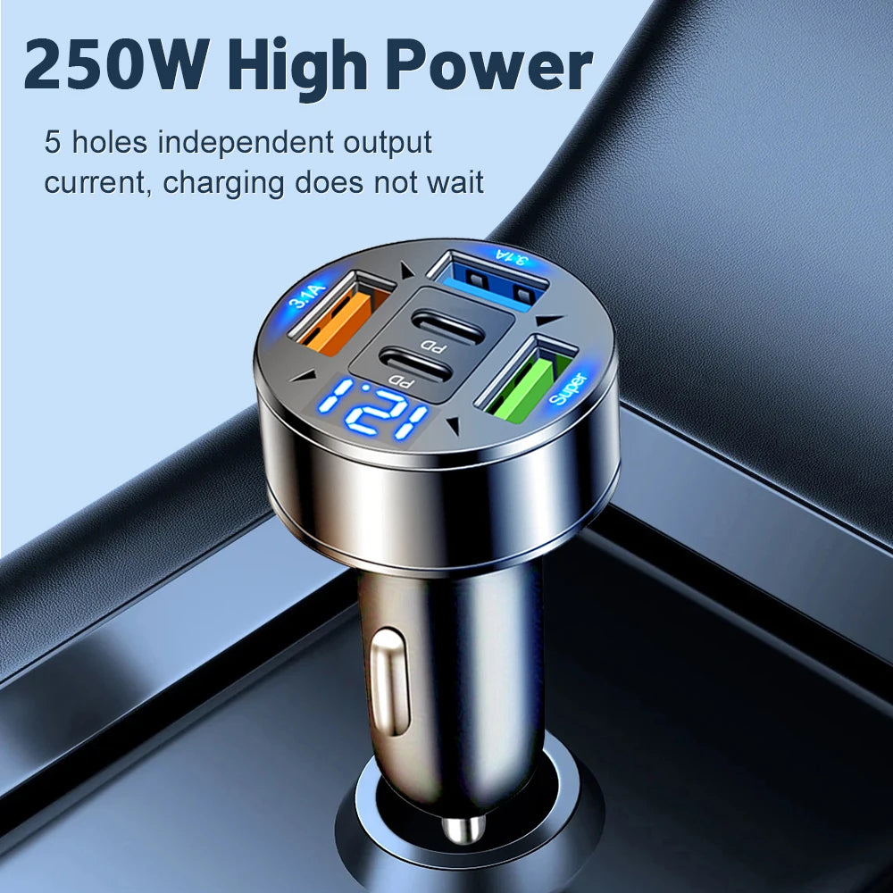250W 5-Port Car Charger PD QC3.0 USB C Fast Charging Car Phone Adapter With LED Voltage Display For iPhone Samsung Huawei Xiaomi
