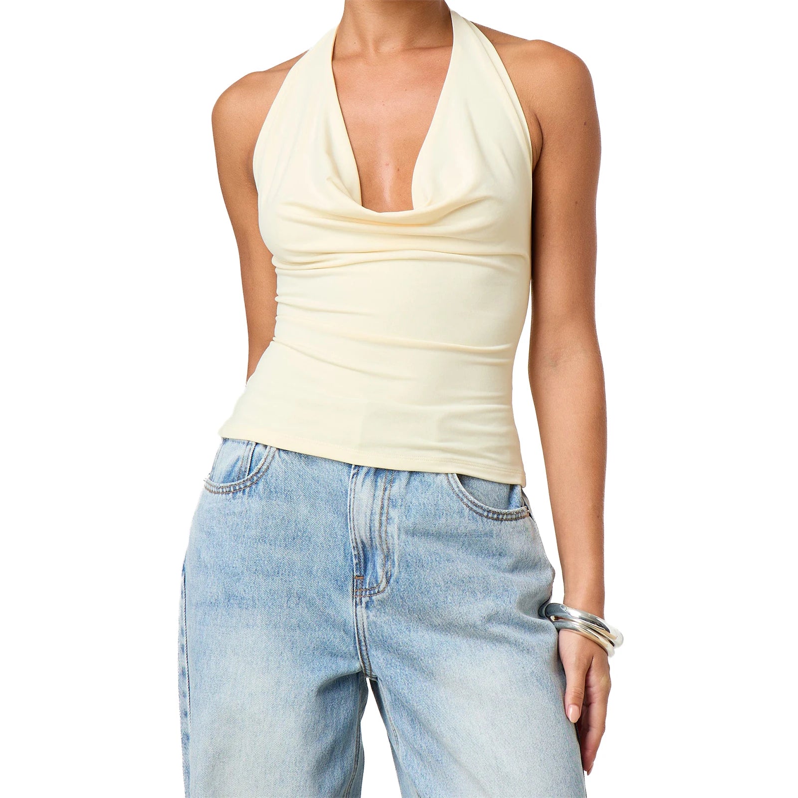 Camisetas Halter de Calidad Premium para Mujer, Estampado Floral de Verano/Color Liso, Cuello Drapeado, Sin Espalda, Tipo Chaleco para Ropa Estética Urbana