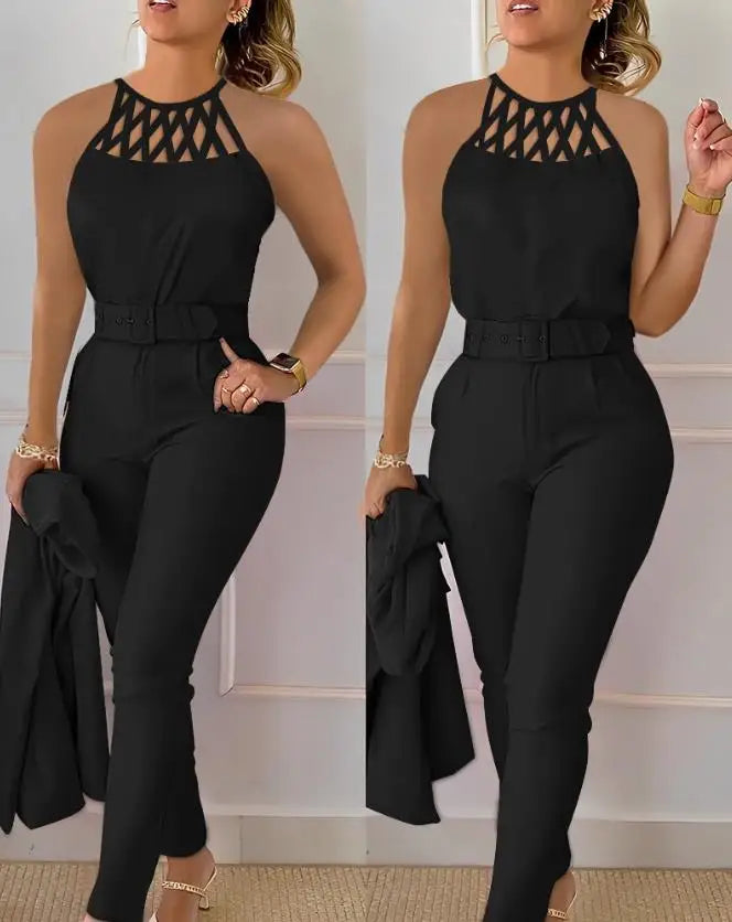 Women's Urban Style Suit 2025 Spring Summer Latest Sexy Solid Color Hollow Out Sleeveless Tank Top&high Waist Straight Pants Set