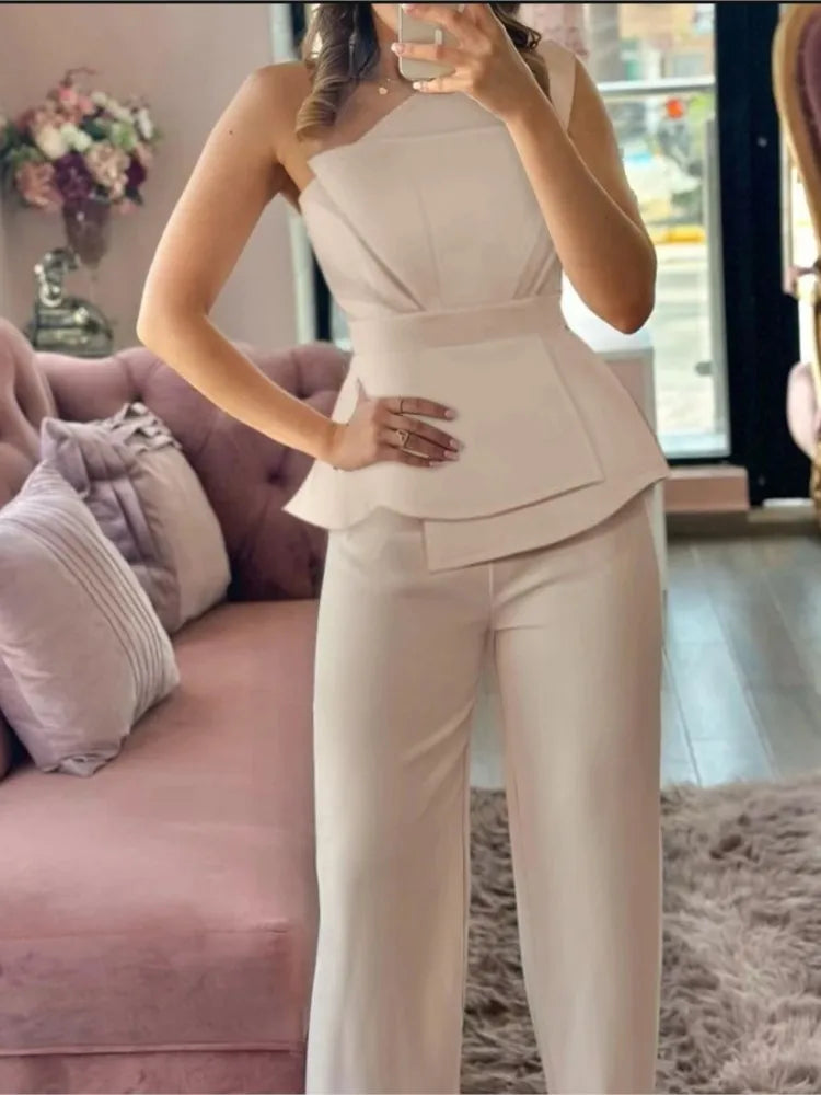 Women's Two-piece Sets Spring And Summer Single-shouldered Wrinkled Sleeveless Top & High-waisted Straight Pants 2pcs Set
