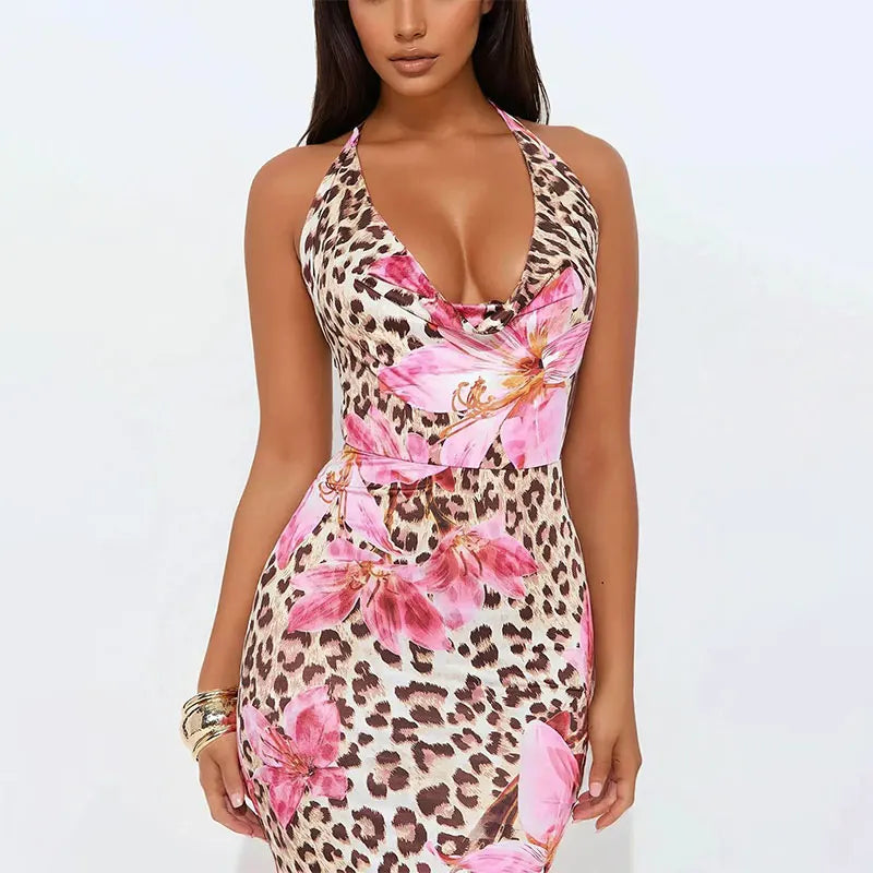 Women's Clothing Dress New Summer Sexy Backless Print Leopard V-Neck Dresses Streetwear Fashion Halter Lace-up Dresses Clothing