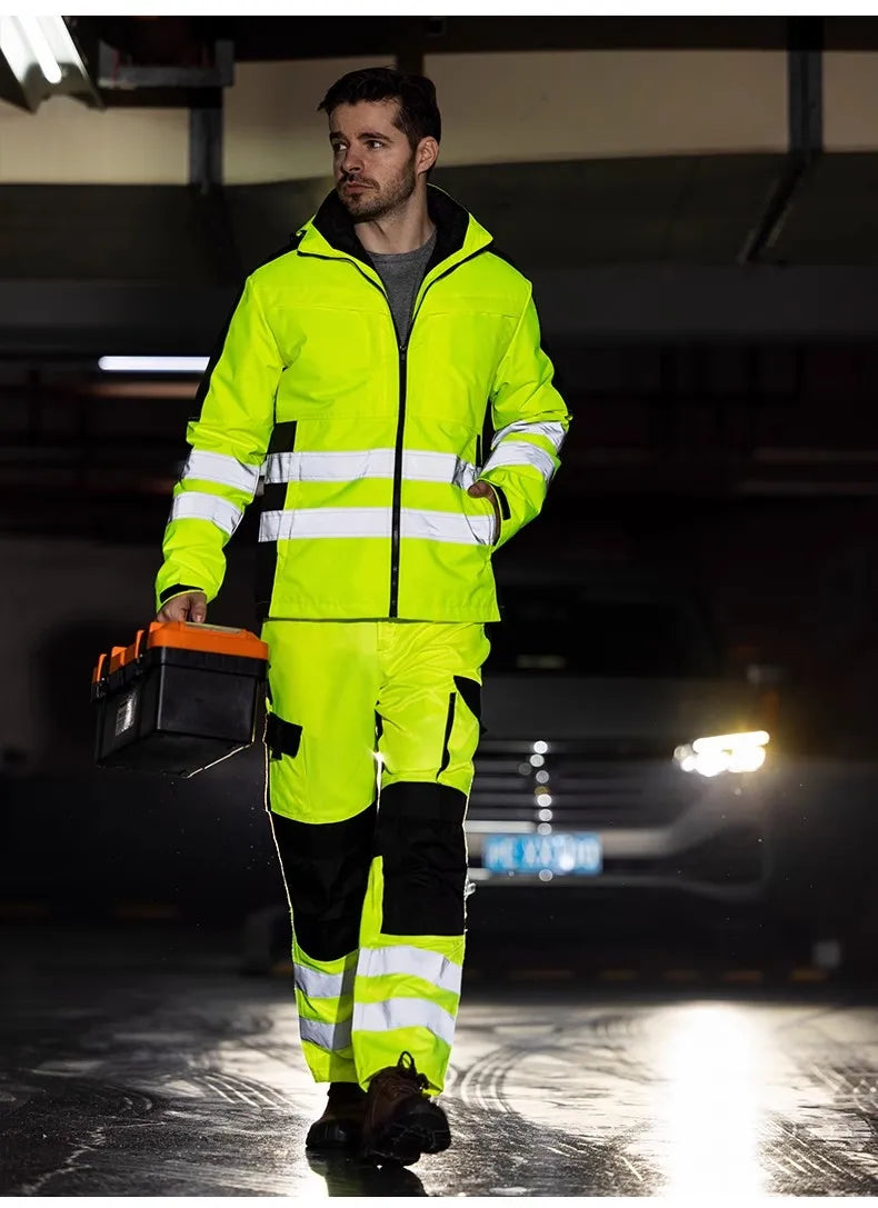 Trajes de trabajo de alta visibilidad amarillos para el invierno, conjunto de chaqueta impermeable de alta visibilidad 3 en 1 con forro y pantalones de trabajo para hombre