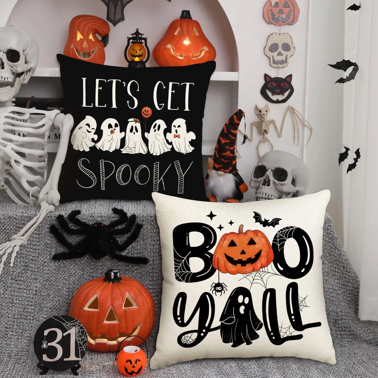 1 ud./4 Uds. Funda de almohada decorativa de Halloween, funda de cojín de truco o trato, fantasma, cabeza de calabaza, funda de cojín de sofá con decoración de murciélago