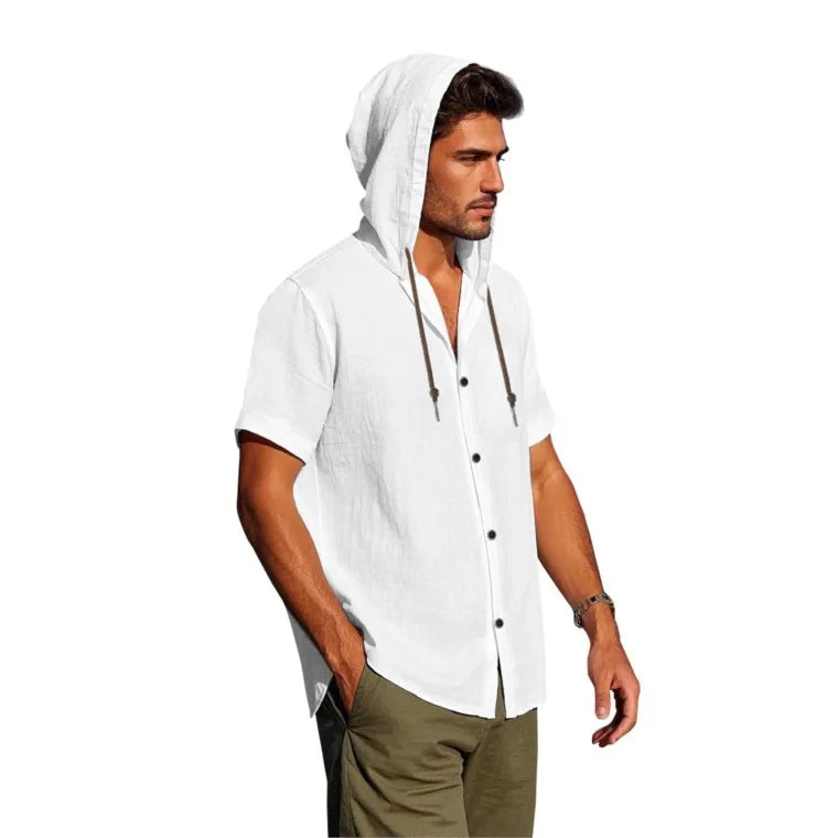 Men's Short Sleeve Shirt Cotton Linen Solid Color Shirts Men Hooded Casual Shirt Man Single Breasted Tops Men Breathable Shirt