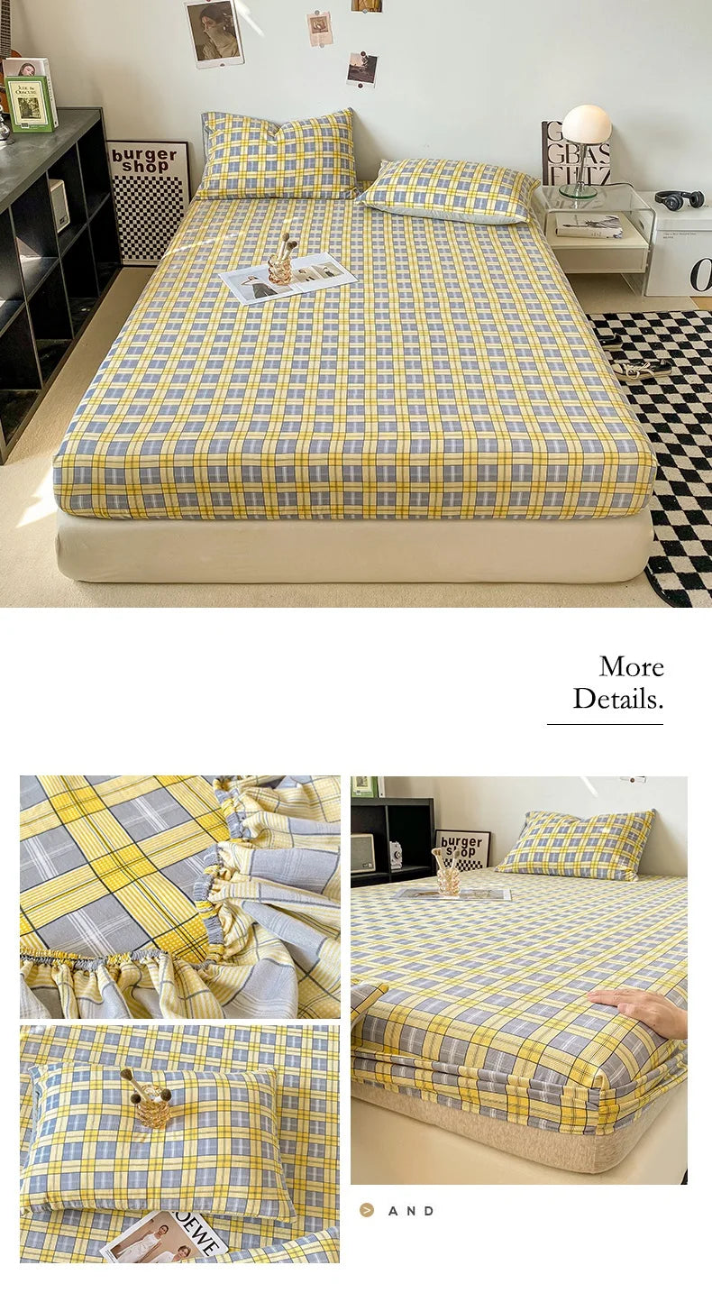 Sábana Ajustable Estilo Plaid, Funda de Cama Suave para la Piel, Sábana Elástica para Habitación de Niñas y Niños, Ropa de Cama para el Hogar (Sin Funda de Almohada)