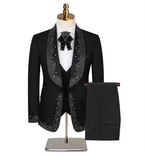 Traje de boda de lujo para hombres a la moda, esmoquin ajustado con cuentas para el novio, traje de fiesta para caballero, 3 piezas (chaqueta + pantalón + chaleco)