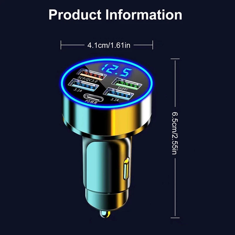 Cargador de coche PD de 250 W, carga rápida QC3.0, enchufe de encendedor de cigarrillos para coche 6 en 1, cargador de coche de 5 puertos con carga rápida y pantalla digital