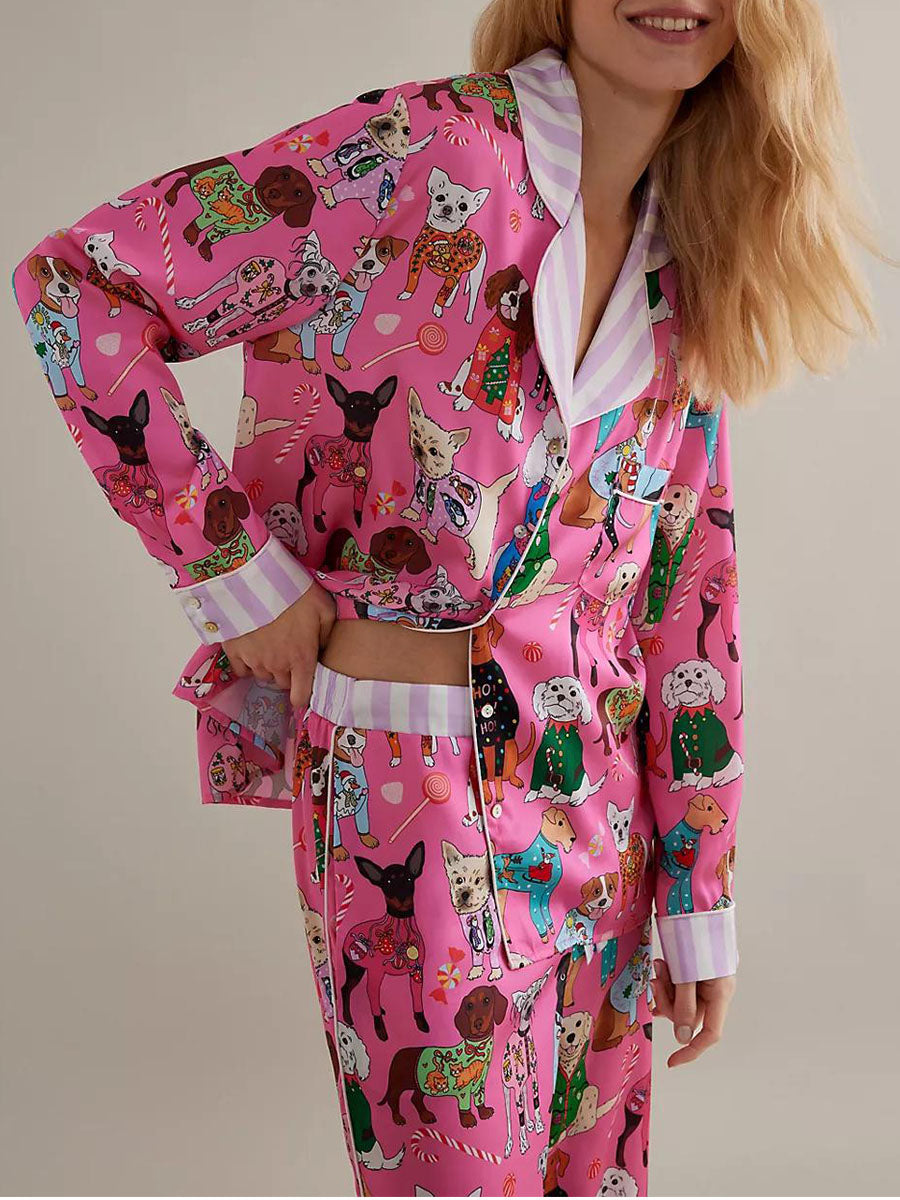 Conjunto de pijama de mujer con estampado de animales y comida, tops de manga larga con botones y pantalones, ropa de dormir para estar en casa