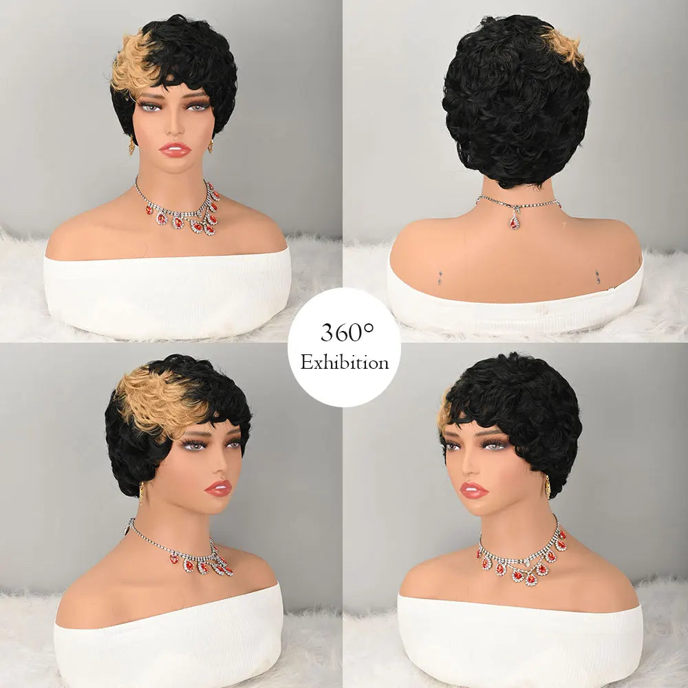 Two Tone Short Curly Synthetic Wig for Women Black and Blonde Pixie Cut Wig with Bangs Heat Resistant Fiber Natural Fluffy Wigs