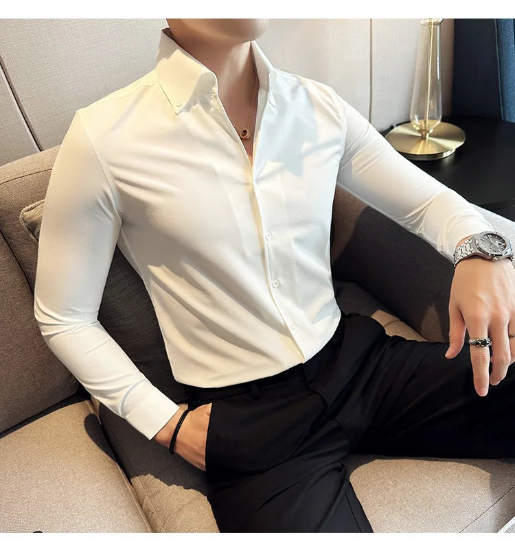 Camisa de vestir de hombre Otoño Estilo británico Liso Casual Ajustado Formal Camisas Cuello en V Manga Larga Camisa Ropa de hombre Streetwear