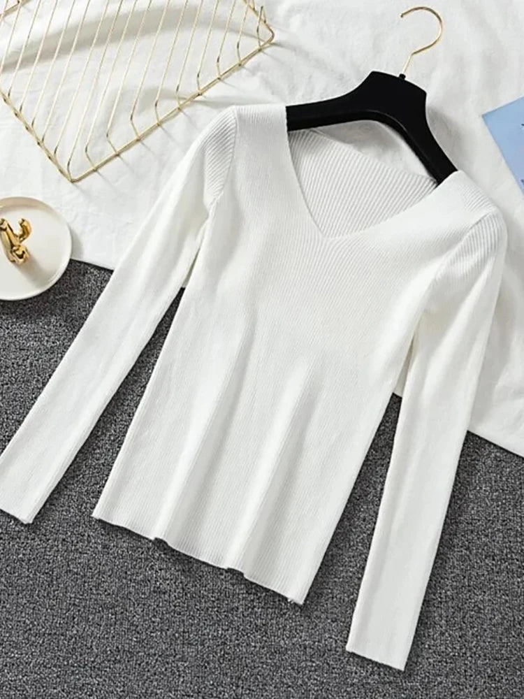 Suéter de mujer nuevo otoño invierno de manga larga jersey básico top de moda cuello en V elástico femenino invierno de punto sólido