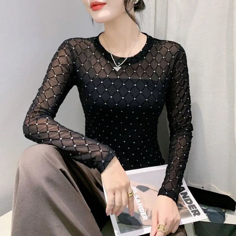 Women Clothing Spring Autumn Korean Fashion Sexy See Through Mesh Rhinestone Basic T Shirt Elegant O Neck Long Sleeve Slim Tops
