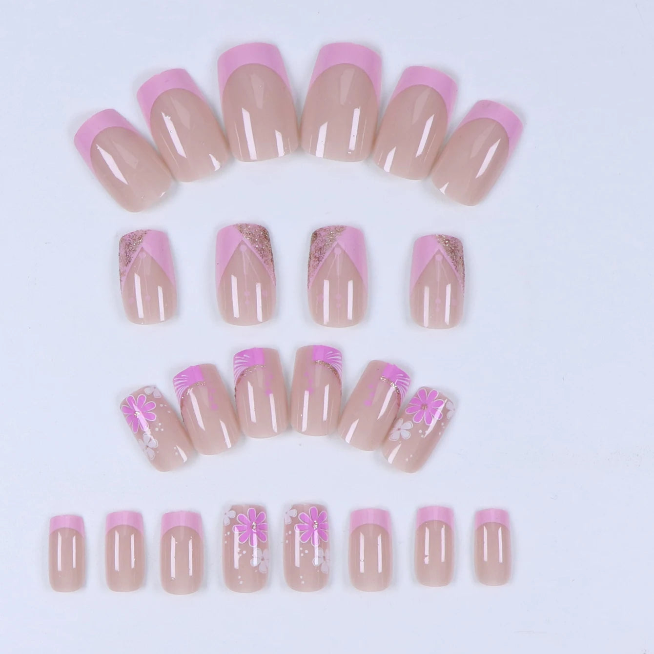 24 pcs short square French simple flower nails +1 nail glue +1 nail file