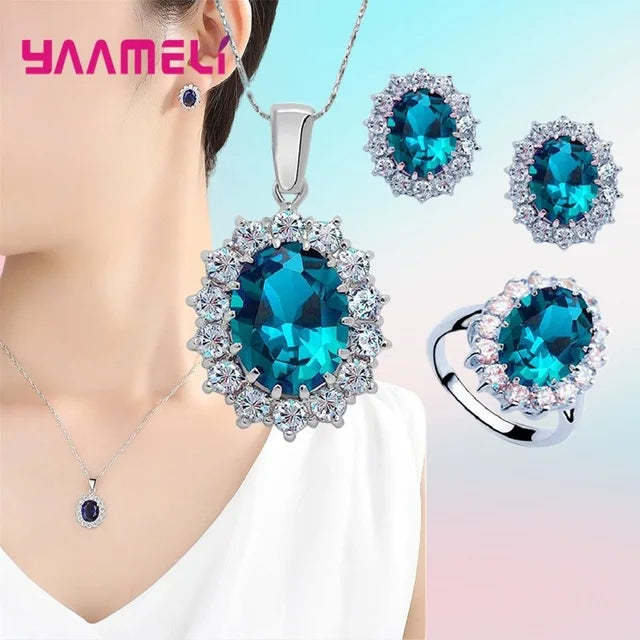 Juegos de joyería de compromiso para boda de mujer, 100% auténticos, de plata de ley 925, diseño clásico de flor ovalada con circonitas cúbicas brillantes
