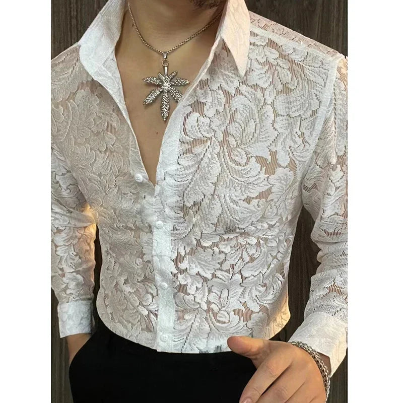 Men's Slim Fit Shirt Spring Transparent Long Sleeved Shirt Men Nightclub Sexy Casual Social Party Singer Shirt