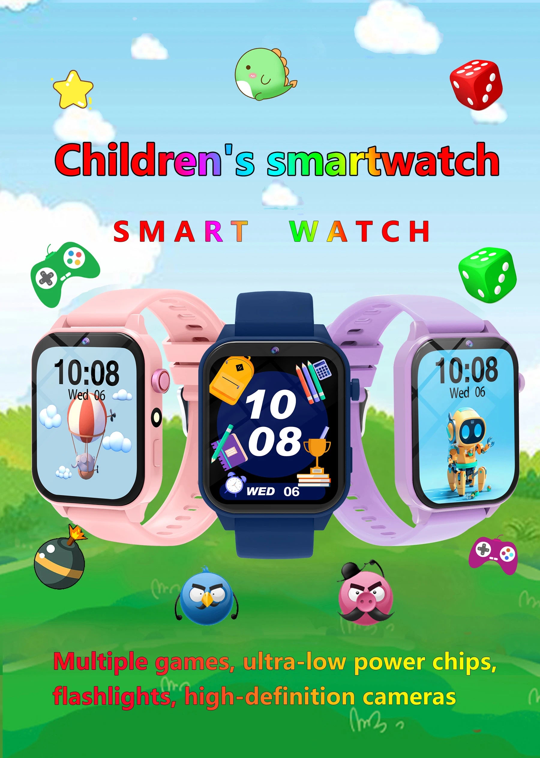 Montre connectée pour enfants, écran tactile HD, caméra, 18 jeux, surveillance du sommeil, réveil, calculatrice, cadeau d'anniversaire pour garçons et filles