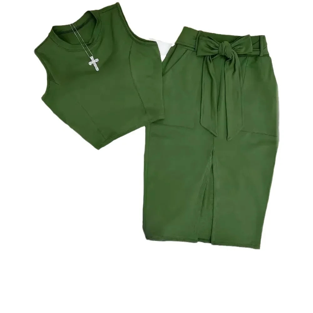 Conjunto de falda para mujer, conjuntos de dos piezas, vestidos ajustados, tops cortos sin mangas con cuello redondo, faldas de largo medio con cordones y cintura alta, empalme.
