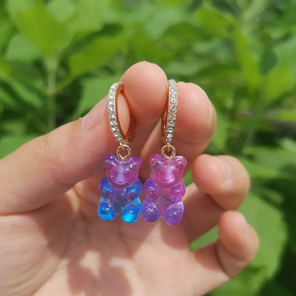 Pendientes colgantes de oso de gominola de acrílico bonitos para mujer, pendientes de aro de oso arcoíris CZ, joyería dulce de niña, moda coreana 2022