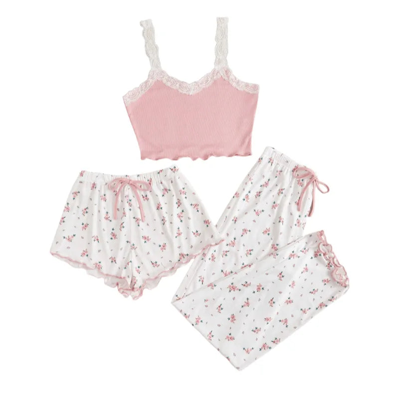 Conjuntos de Pijama para Mujer, Tres Piezas, Top de Tirantes, Estampado, Pantalones Cortos, Pantalones Largos, Trajes Casuales, Ropa de Noche, Ropa de Dormir Dulce para Mujer, Verano