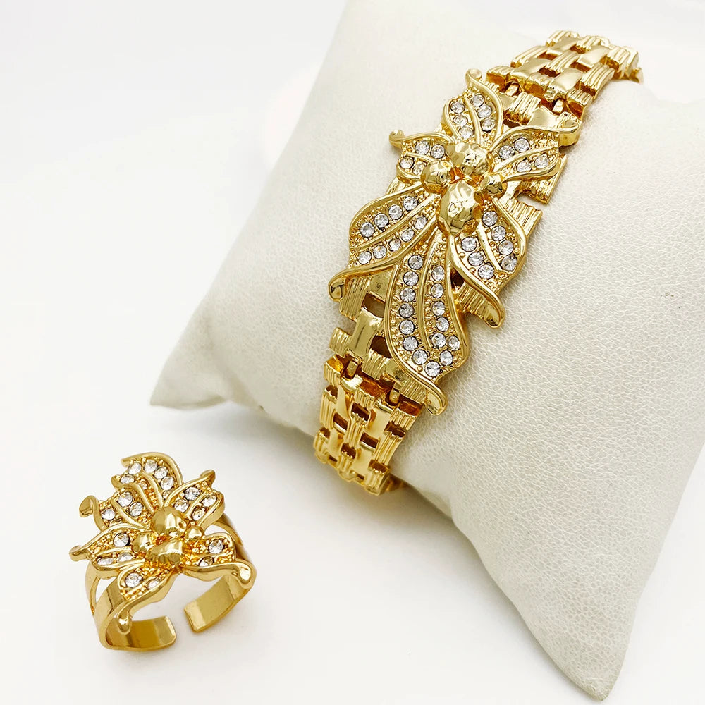 YTJX Juego de joyas de boda Africano Collar gargantilla de flor grande Pulsera de circonia fina Pendientes de perforación Anillo Joyería chapada en oro de 18 quilates