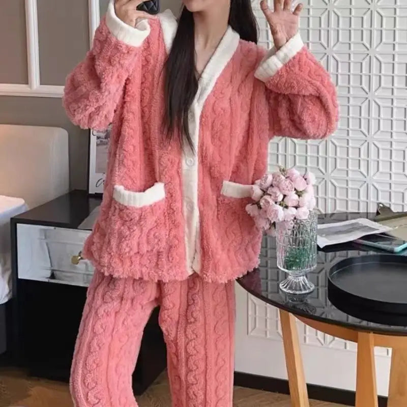 Conjunto de pijama de mujer, invierno, ropa de dormir, cuello redondo, top holgado de manga larga, pantalones de cintura elástica, conjuntos de pantalón, tallas grandes, conjuntos a juego