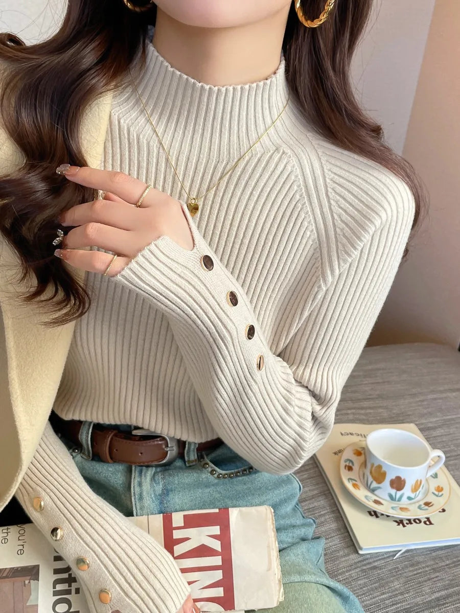 Suéter de otoño invierno para mujer, jerséis, tops de manga larga, ropa, suéter suave de punto delgado, ropa de calle, suéter de cuello alto con botones