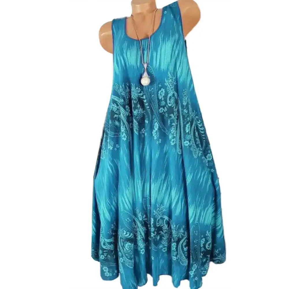 Vestido de verano para mujer, estampado floral, cuello redondo, sin mangas, holgado, plisado, talla grande
