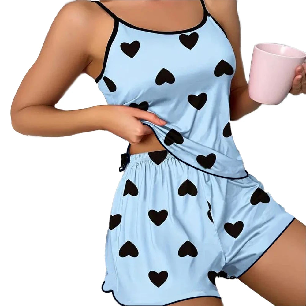 Conjunto de pijama para mujer Pijamas Camisetas Pantalones cortos Estampado de corazón rosa Camiseta de cuello redondo Top de seda de hielo Cómodo Informal Verano