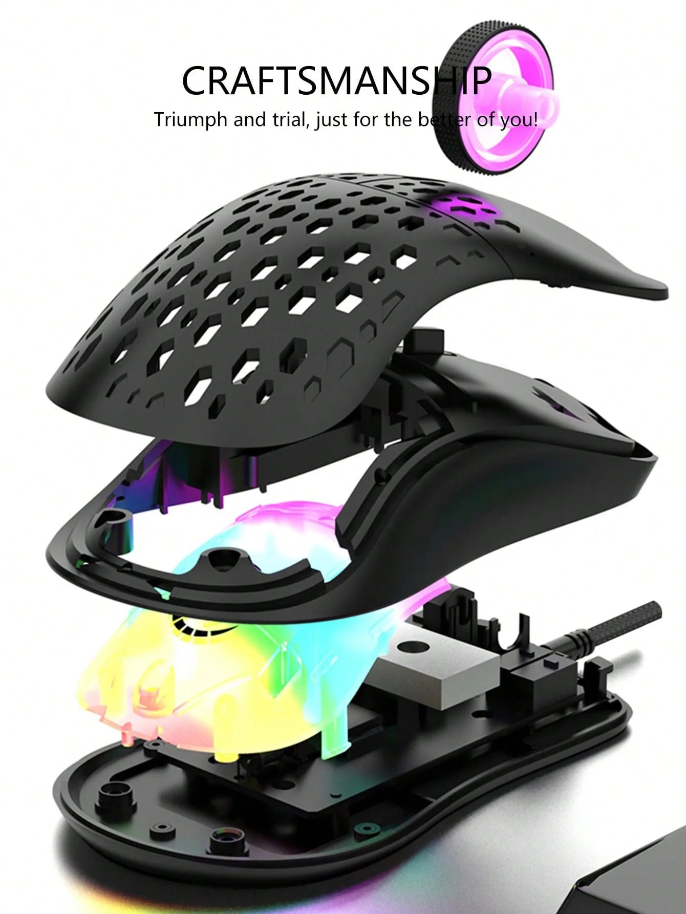 Ratón inalámbrico para juegos, efecto de luz deslumbrante y colorido, DPI variable, ratón perforado con diseño de panal de abeja a la moda