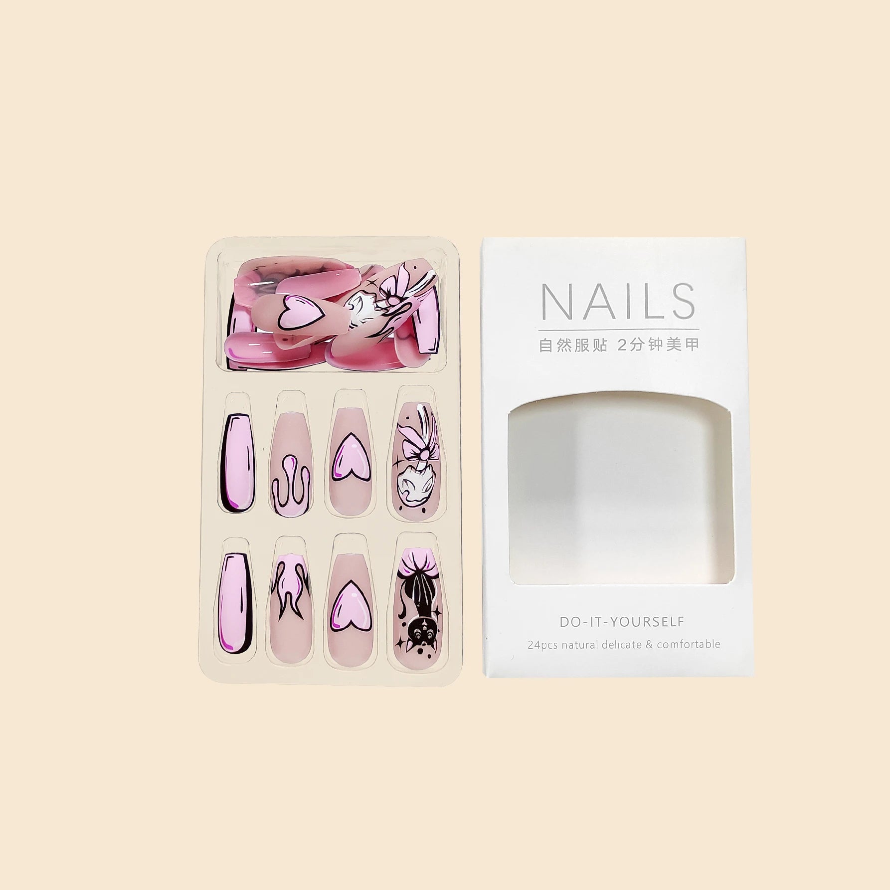24 piezas/set de uñas postizas largas con estampado de dibujos animados de gato, corazón francés geométrico, rosa, cobertura completa, para llevar, prensa sobre uñas
