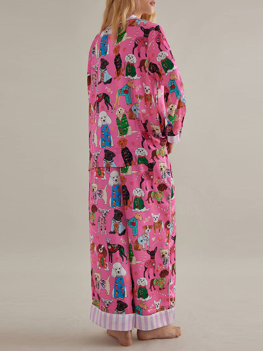 Conjunto de pijama de mujer con estampado de animales y comida, tops de manga larga con botones y pantalones, ropa de dormir para estar en casa