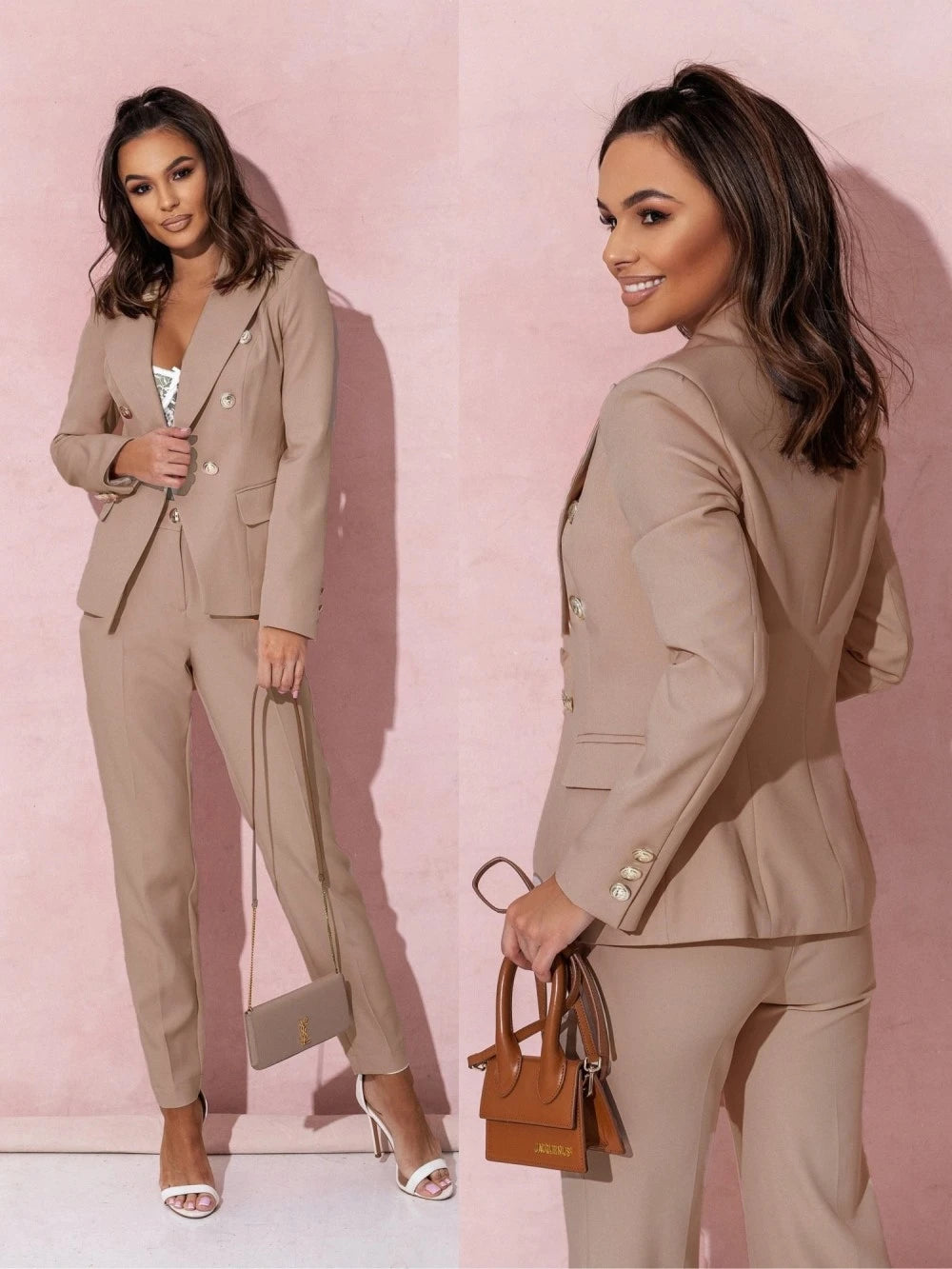 Hot salg 2-delte buksedresser for kvinner Cropped Blazerjakker og høylivede rette benbukser Sett med uformelle forretningsantrekk