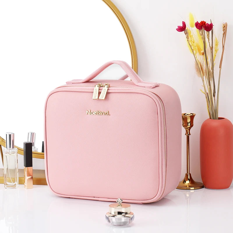 Bolsa de maquillaje, neceser de viaje de gran capacidad, impermeable, organizador de cosméticos con compartimento para brochas de maquillaje y asa para mujer