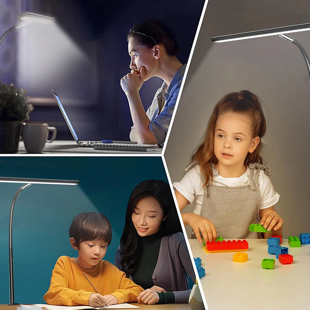 Lámpara de escritorio LED de oficina para el hogar, doble cabezal, atenuación continua, luces de lectura que cuidan la vista, 3 modos de color, lámparas de mesa de PC ajustables y flexibles
