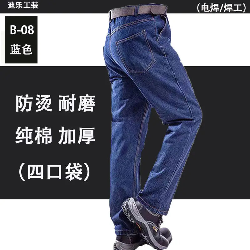 Peto pantalón ropa de hombre pantalones resistentes al desgaste anti-escaldaduras engrosamiento algodón ropa de trabajo de mezclilla pantalones de trabajo múltiples bolsillos