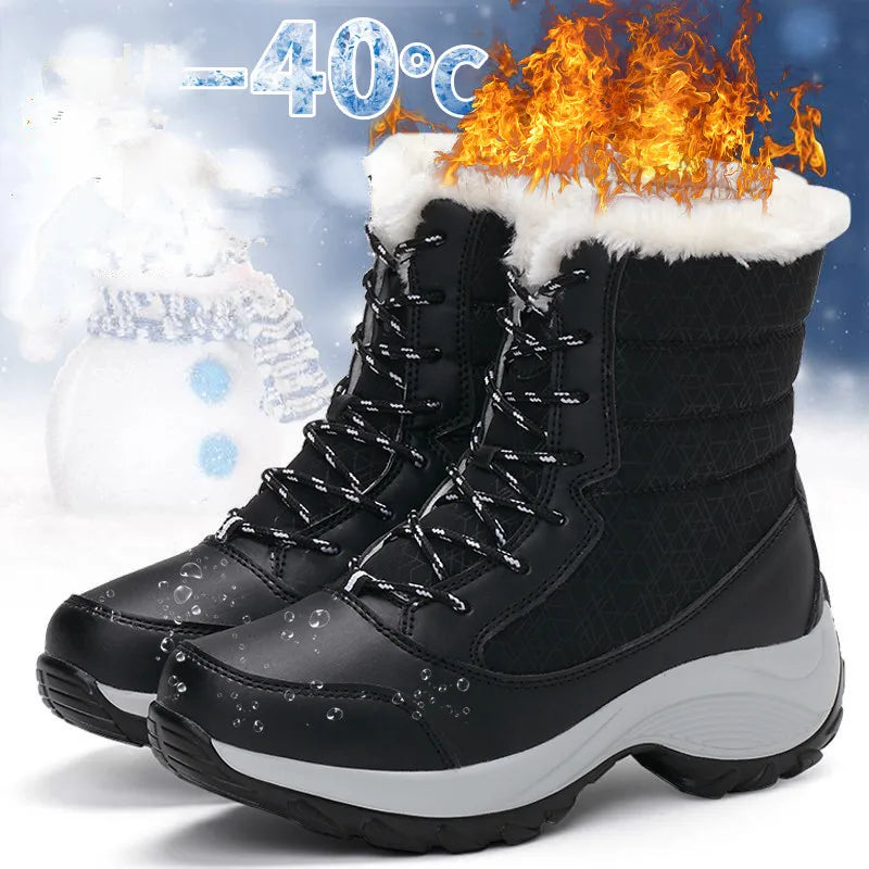 Women Boots Waterproof Heels Boots For Winter Tren Platform Ankle Boots Keep Warm Snow Shoes Plush Outdoor Short Boots