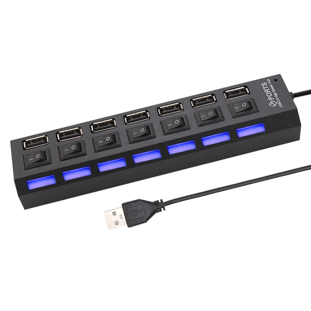 HUB USB de 7 puertos con interruptor USB, adaptador divisor USB de alta velocidad, HUB múltiple USB2.0 con interruptor de encendido/apagado para computadora portátil