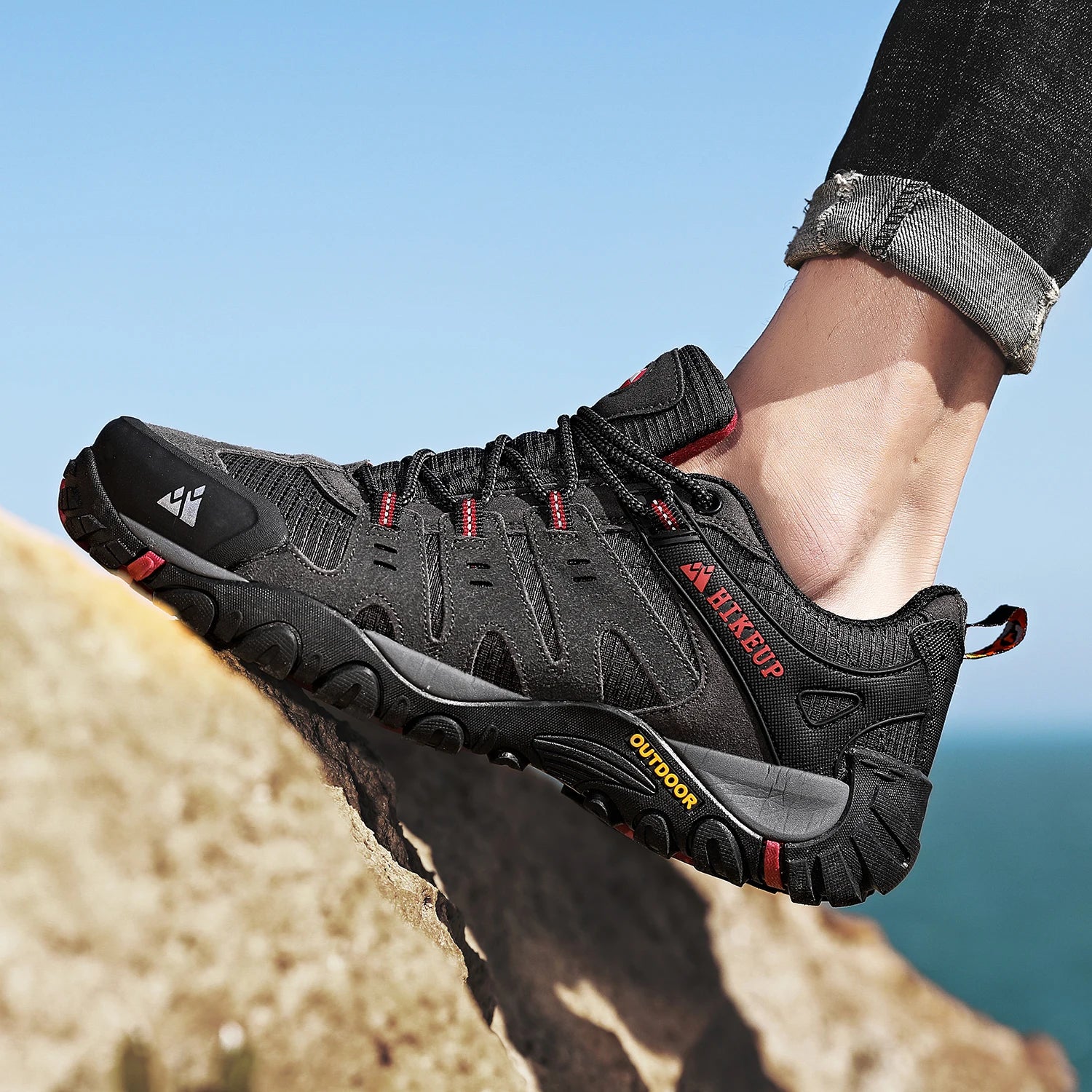 HIKEUP Zapatillas de senderismo para hombre de cuero de ante, calzado de exterior resistente al desgaste, zapatillas tácticas de trekking, senderismo y caza para hombre