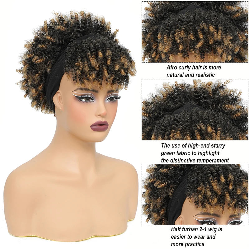 Afro Curly Headband Wigs Short Kinky Curly Wigs with Headbands Attached Scarf Wig For Women Synthetic Afro Puff Wigs with Bangs
