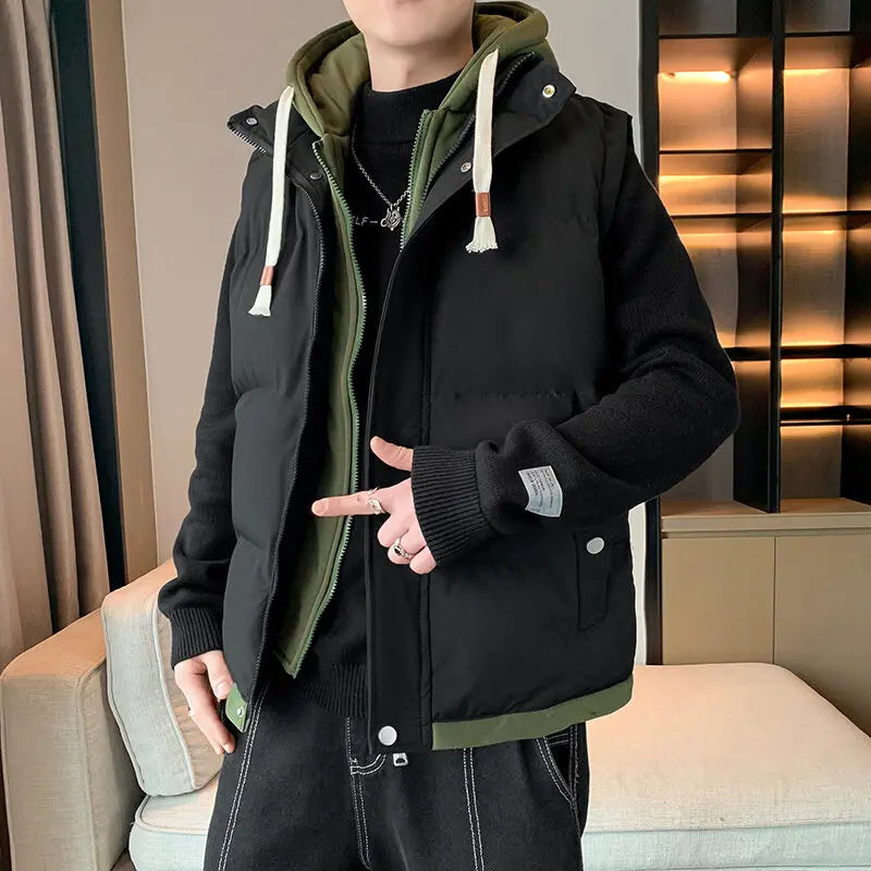 Men Windproof Hooded Vest Men Jacket Sleeveless Vest Winter Jacket Casual Coat Men Down Cotton Warm Thicken Waistcoat Thick Coat