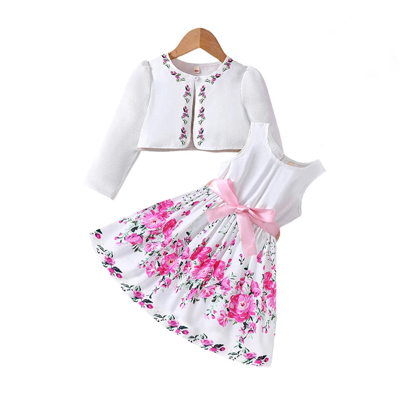 Conjuntos de ropa casual para niños y niñas primavera verano, abrigo de manga larga con estampado floral, vestido sin mangas para niños de 2 3 4 5 6 7