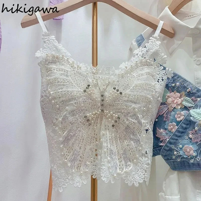 Ropa de mujer, top corto sexy con abalorios pesados y estampado floral, top de encaje de mariposa, top corto que deja el ombligo al descubierto, camiseta de tirantes de verano.