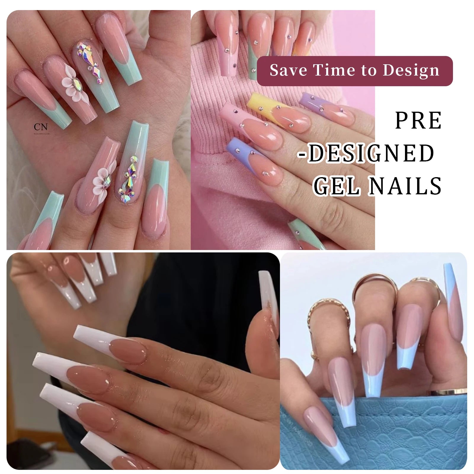 Lot de 24 faux ongles colorés style ballet français, à pression, couverture complète en acrylique, réutilisables, adaptés au bricolage, kawaii