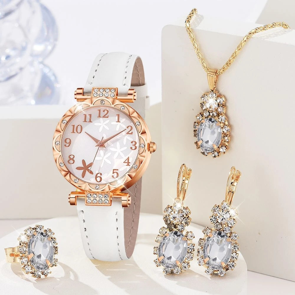 Relojes de mujer, juego de 5 piezas, lujoso, con diamantes de imitación, a la moda, elegante, de cuarzo, para niña, regalo con pulsera