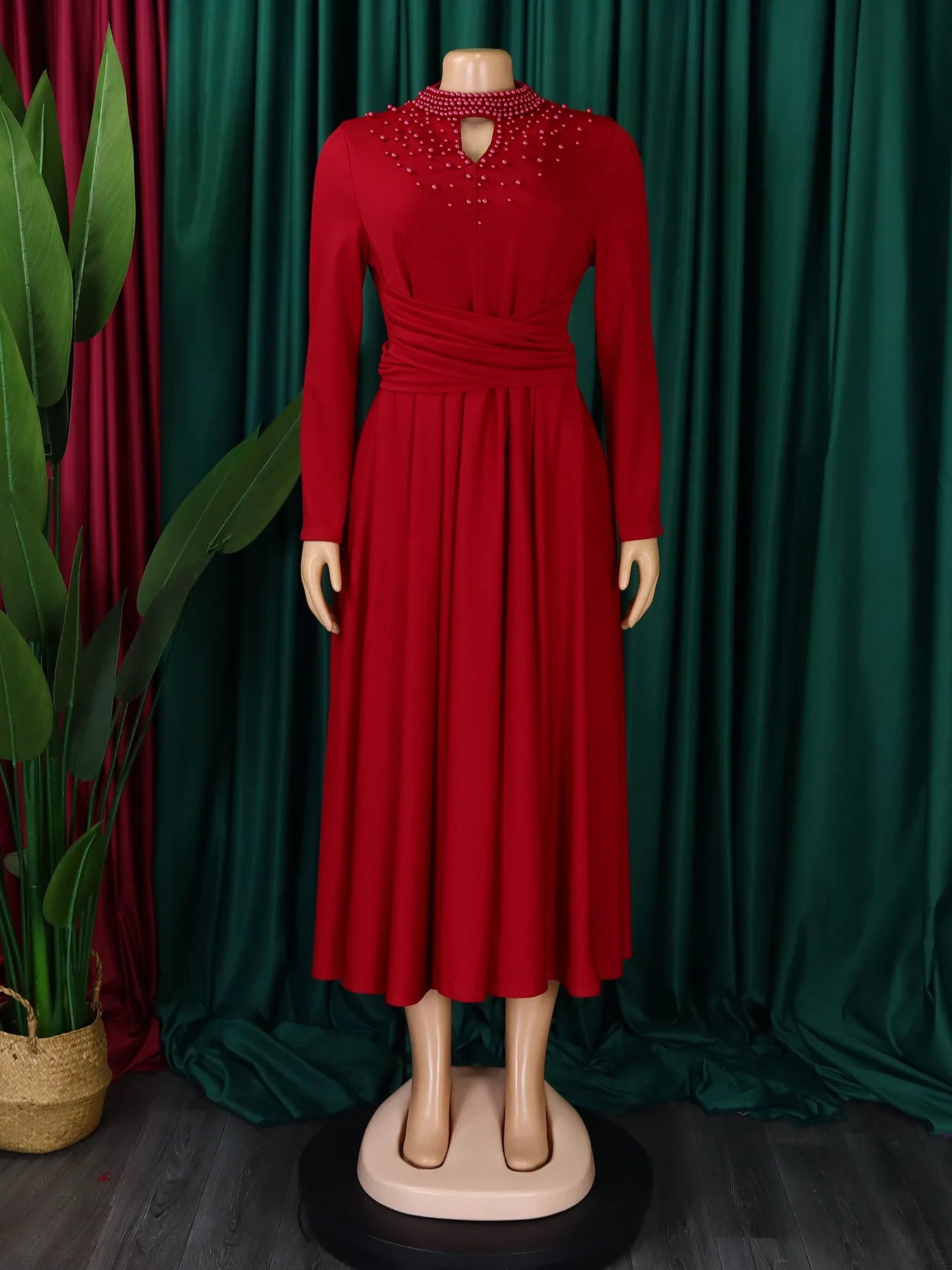 Vestido Elegante Africano para Mujer, Vestidos de Noche con Cuello Alto y Cuentas a la Moda, Vestido Delgado de Temperamento para Mujer, Vestidos Casuales de Manga Larga